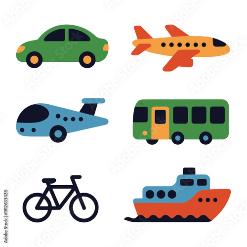 Vehicular Variety: A vibrant array of transportation options, from a car, plane, and bus to a bicycle and ship, offering a cheerful visual symphony of movement and travel.