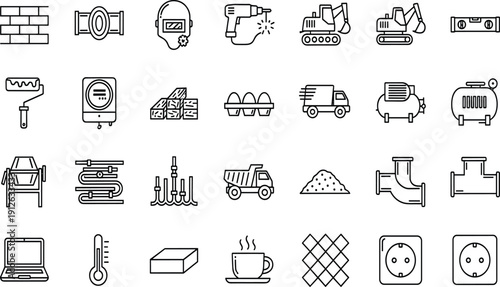 Vector line icon set for construction, heavy industry, building materials, tools, machinery, and engineering, including excavator, pipes, and drill symbols.
