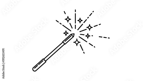 Simple black and white line icon of a classic magic wand emitting sparks and stars, representing enchantment, wishes, and illusion.