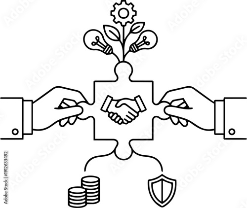 Vector Line Art of Strategic Business Merger: Hands Joining Puzzle to Create Innovation, Profit, and Security