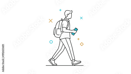 Line art illustration of a young man walking with a backpack on his shoulder while looking at his smartphone, in a modern minimal style.