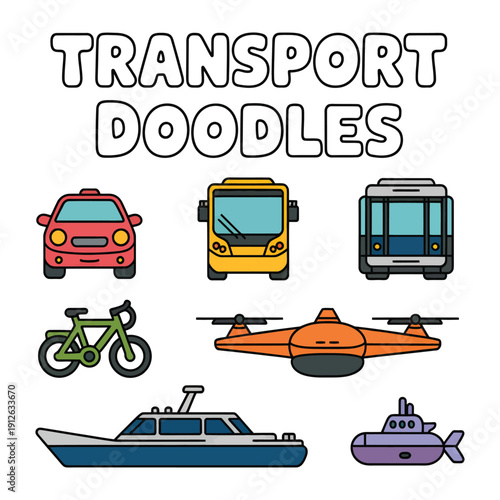 Transport Doodles: This image presents a collection of illustrated transport, each designed with a unique and engaging style that is well-suited for diverse creative project