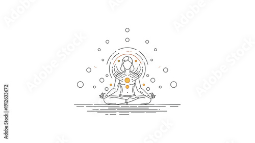 Line art illustration of a person in a lotus yoga pose with glowing chakra points and energy circles, symbolizing meditation and mindfulness.