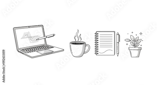 Minimalist Workspace: Laptop, Coffee, Notebook, and Plant - Creative Freelancer Setup