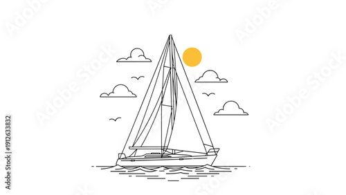 Minimalist line art illustration of a sailboat on the water with a yellow sun, clouds, and birds, perfect for a calm vacation concept.