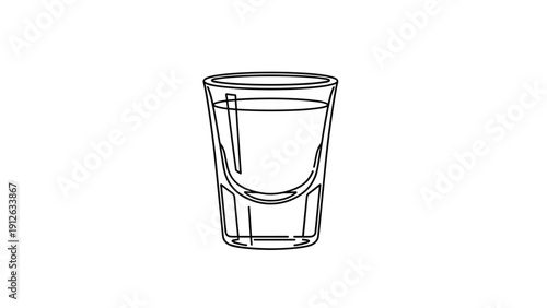 Simple black and white line art drawing of a standard shot glass filled with a clear liquid, representing alcohol, spirits, or a party.