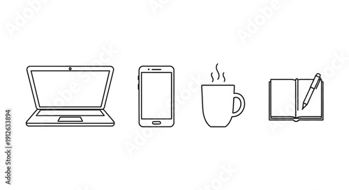 Modern Office Essentials: Laptop, Smartphone, Coffee, and Notebook with Pen