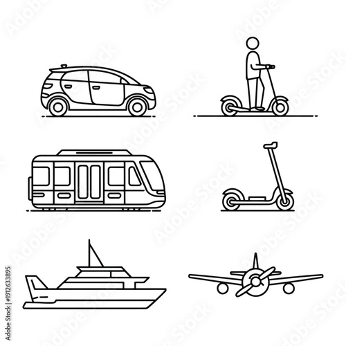 Transportation Icons: A collection of meticulously crafted line art icons showcasing various modes of transportation. perfect to express movement, journey, and mobility.