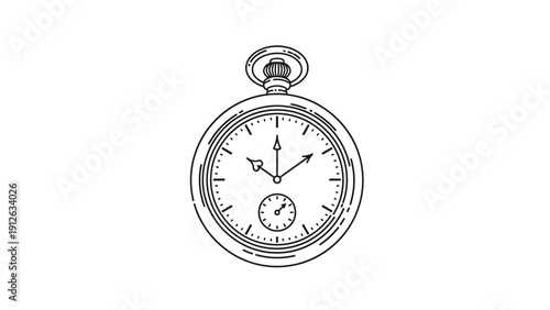 Detailed black and white line art drawing of a vintage round pocket watch with hands and a secondary dial, symbolizing time and history.