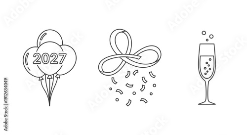 New Year 2027 Celebration Icons: Balloons, Confetti, Champagne Glass