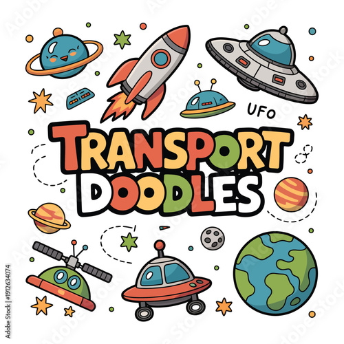 Celestial Voyage: A vibrant illustration showcasing diverse space transports alongside whimsical planets and celestial bodies. This eye-catching composition captures the imagination.