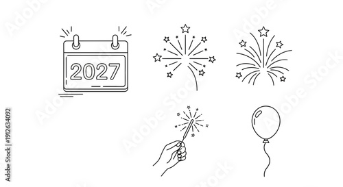 New Year 2027 Celebration Icons: Calendar, Fireworks, Sparkler, Balloon
