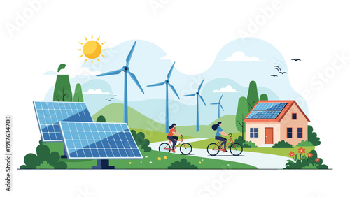 People cycling through a green landscape with wind turbines and solar panels, illustrating a sustainable and eco-friendly lifestyle.