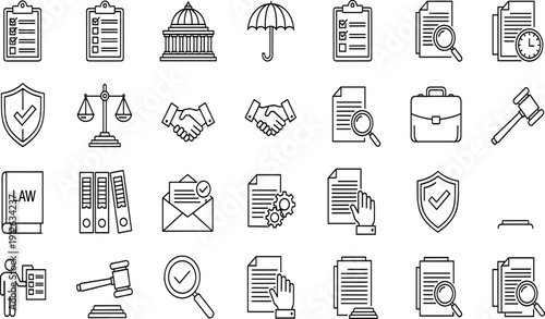 Vector line icon set for law, justice, legal system, court, government, compliance, attorney, judgment, contract, and business agreement protection symbols.