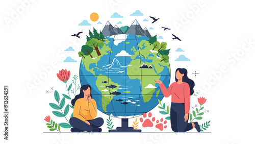 Two women studying a globe of the Earth surrounded by nature, animals, and flowers, illustrating the concept of environmental care.