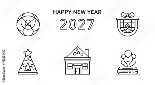 Happy New Year 2027 Icons: Gift, House, Party Hat, Soccer Ball, Buddha, Basket