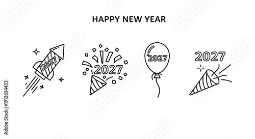 Happy New Year 2027 Icons: Rocket, Confetti, Balloon, Party Popper