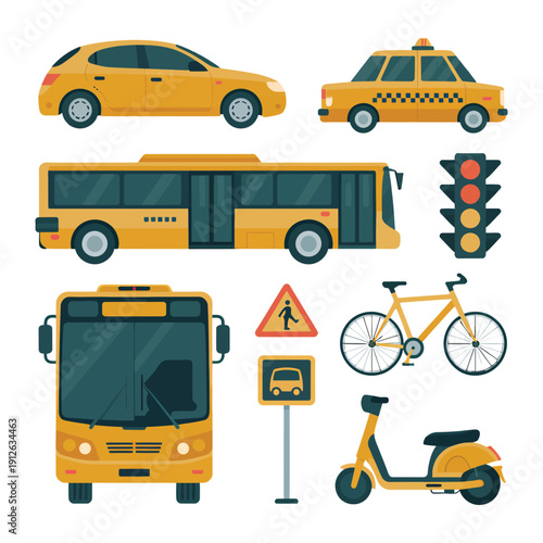 Yellow Transportation Icons: A vibrant collection of yellow transportation icons, including a car, taxi, bus, traffic light, bicycle, scooter, and traffic sign, against a clean background.