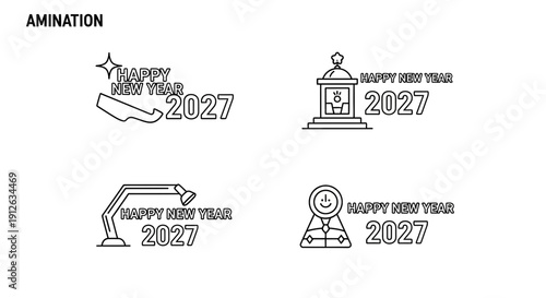 Happy New Year 2027 Icons Set: Celebration, Future, Modern Design