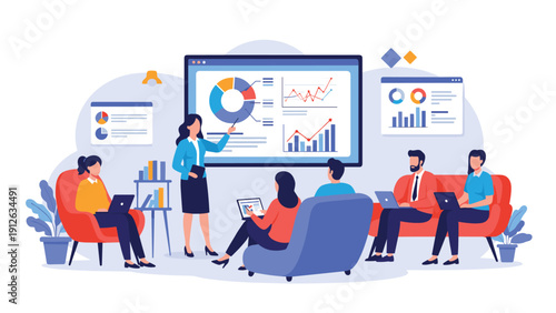 A businesswoman giving a presentation with charts and graphs on a large screen to her colleagues during a corporate meeting in an office.