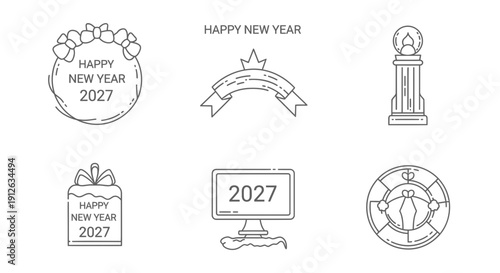 Happy New Year 2027 Icons Set: Celebration, Wishes, Festive Symbols