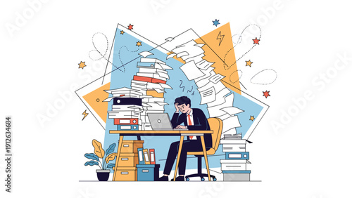 A stressed and overworked businessman falling asleep at his desk, surrounded by massive stacks of paperwork and feeling overwhelmed.