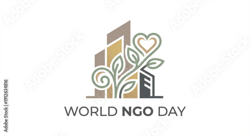 A logo for World NGO Day featuring stylized buildings, a growing plant with leaves, and a heart shape, symbolizing community, sustainability, and urban development.