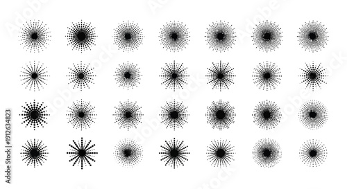 radial halftone patterns and sunburst designs. versatile dotted elements for modern graphic design digital art and dynamic backgrounds.