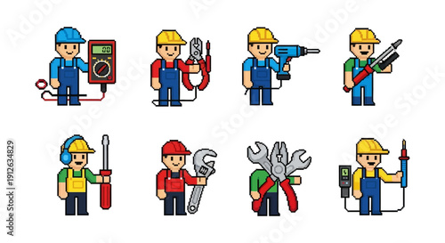 pixel art tradesmen holding various tools like multimeter wrench and drill for engineering and construction job concepts.