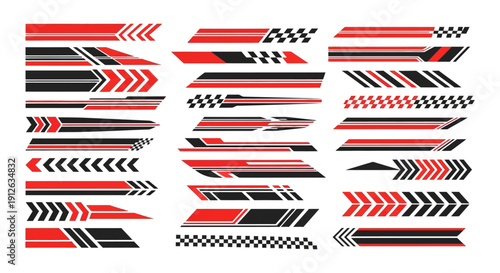 red and black racing stripes vector and car decal designs for vehicle wraps auto tuning and motorsport branding.
