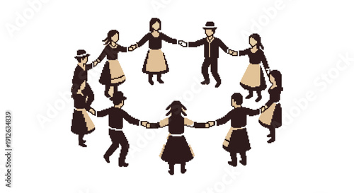 pixel art traditional folk dance circle of men and women in costume hands joined celebrating community culture and unity
