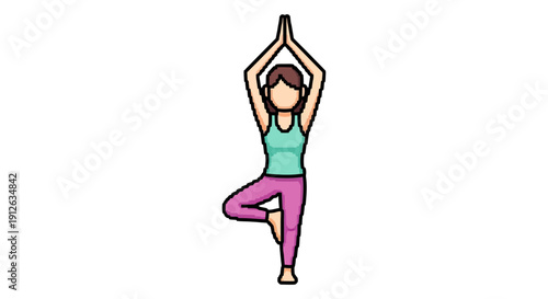 pixel art woman character practicing vrksasana yoga tree pose for balance promoting mindfulness and health in a retro digital style for apps.
