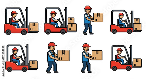 pixel art warehouse workers operating forklifts and carrying packages perfect for illustrating logistics delivery and industrial operations.