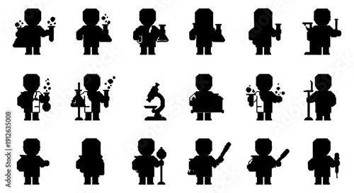 pixelated scientist icons retro 8-bit lab worker silhouettes with beakers flasks microscope for stem education.