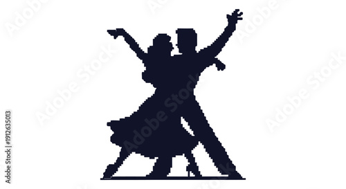 pixelated silhouette of a passionate couple dancing performing an elegant ballroom routine on white evoking rhythm for retro designs.