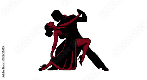 pixelated silhouette of a couple performing a passionate tango capturing elegant movement and intimate connection for graphic design projects.