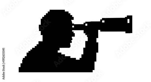 pixelated silhouette of a person looking through a telescope symbolizing vision exploration and discovery in an 8-bit digital world.