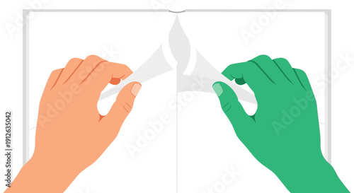 Hands Peeling Open Blank Paper Sheet Vector Illustration. Comparison, Reveal, and Transformation Concept.