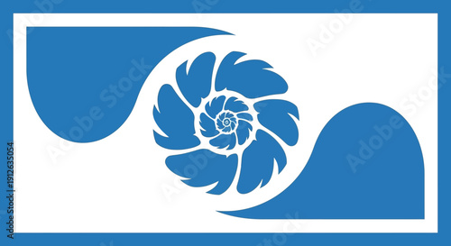 Stylized Blue Nautilus Shell Fibonacci Spiral Vector Pattern. Abstract Geometric Ocean Wave Flow Design with Negative Space.