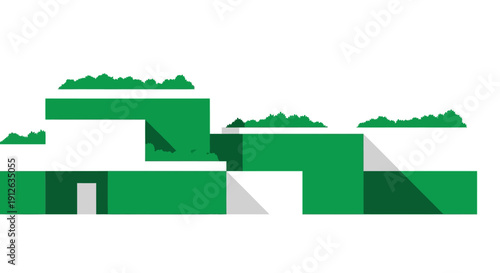 Abstract Geometric Green Roof Building Illustration. Sustainable Architecture and Eco-Friendly Modern Landscape Design Concept.