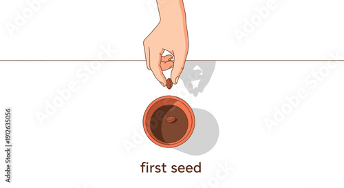 Illustrated Hand Dropping Seed into Soil Pot: Starting Growth, Planting, and Gardening Process Vector