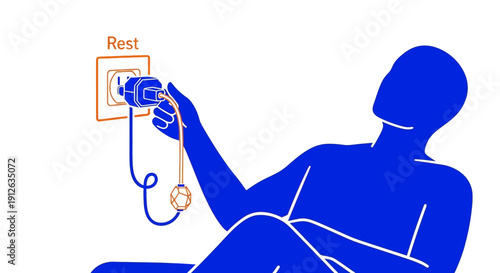 Conceptual Illustration: Person Plugging into Wall Socket for Rest and Energy Recharge  Self-Care and Digital Detox Metaphor