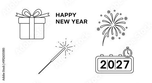 Happy New Year 2027 Celebration Icons: Gift, Sparkler, Fireworks, Countdown Clock