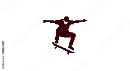 pixelated skateboarder silhouette mid-air performing an ollie embodying retro gaming and vibrant urban skate culture.