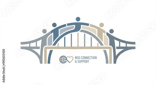 Stylized graphic logo of a bridge formed by interconnected human figures, representing NGO connection, support, and global community.