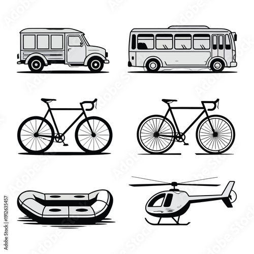 Vehicular Variety: Collection of illustrated vehicles, showcasing a bus, a bike, a raft and a helicopter, perfect for transport-themed designs.