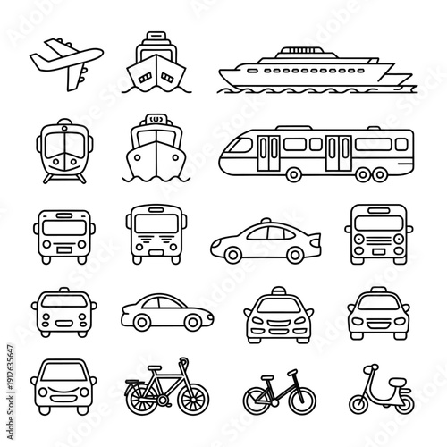 Transport Icons: A collection of various transport icons in a simple linear style, ideal for use in design projects or related themes.