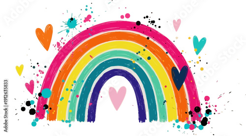 Colorful handdrawn rainbow with hearts and paint splatters