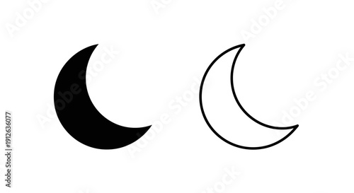 Minimalist vector crescent moon icons in solid black and outline styles, isolated on a transparent white background, suitable for app UI or website design.