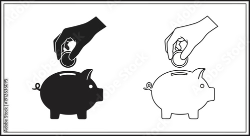 Vector illustration of a hand placing a coin into a piggy bank, presented in both solid black silhouette and outline styles, isolated on a transparent background.